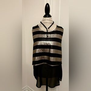Fine matte-ish Black & Gold Sequins detail on Black Sheer. Tunic type Tank.